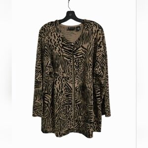 Maggie Barnes Animal Print Sweater Cardigan Women's Sz 1X Brown Black Button-Up